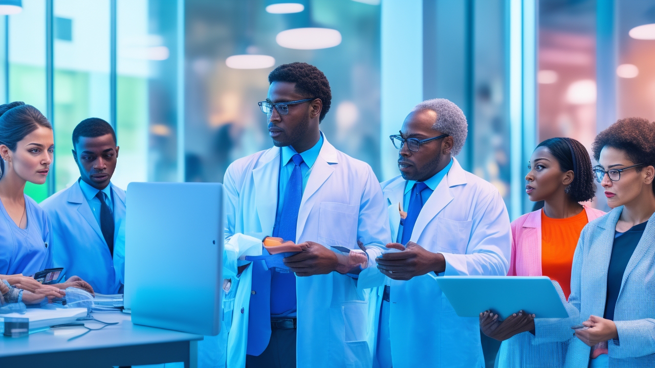 Cinematic editorial photo of a diverse, multi-generational team of public health innovators in a modern digital health workspace, lead clinician reviewing AI-driven health data on a tablet while colleagues collaborate around wearables and remote monitoring devices, a blurred telehealth video call screen in the background (no readable text or logos), abstract maps and charts softly defocused on wall displays, dusk city skyline through glass, soft directional lighting, shallow depth of field, natural color grading, 1200x628 hero image.