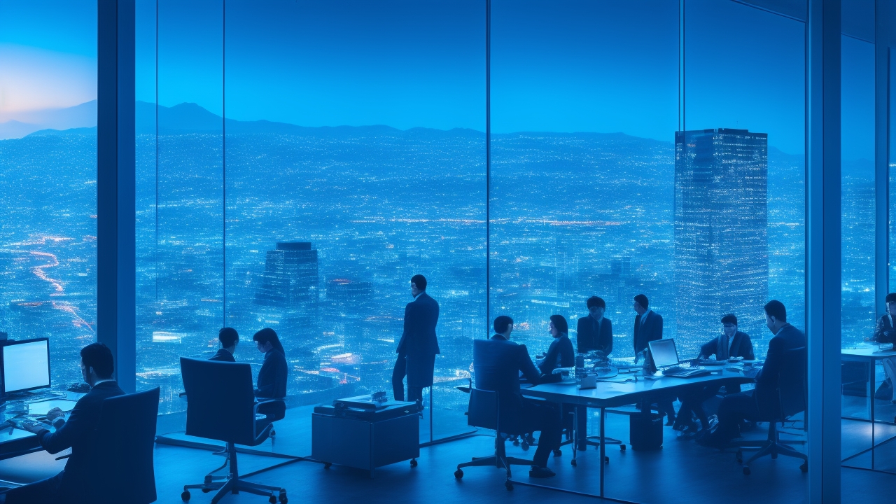 Cinematic editorial photo of a glass-walled startup office overlooking Mexico City at dusk, diverse Hispanic founders collaborating around glowing laptops with abstract graph visuals (no visible text), translucent neural-network light patterns forming a sweeping wave through the space to symbolize AI’s surge in 2025, moody color grading, shallow depth of field, ultra-realistic, no visible logos, wide 16:9 (1200x628)