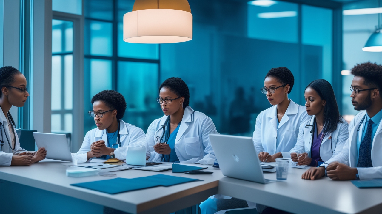 Cinematic editorial photo of a diverse public health team and a community member in a modern clinic meeting space at dusk, collaborating around a table with tablets while facing a glass wall of soft, abstract dashboards and genome-inspired visuals (no text or icons), a clinician leading a telehealth video call on a clean screen, and a patient wearing a fitness smartwatch—conveying precision medicine, AI-driven insights, and community engagement in 2025; natural window light with warm practicals, shallow depth of field, 35mm lens, high detail, balanced contrast, no visible text or logos, composed as a 1200x628 hero image.