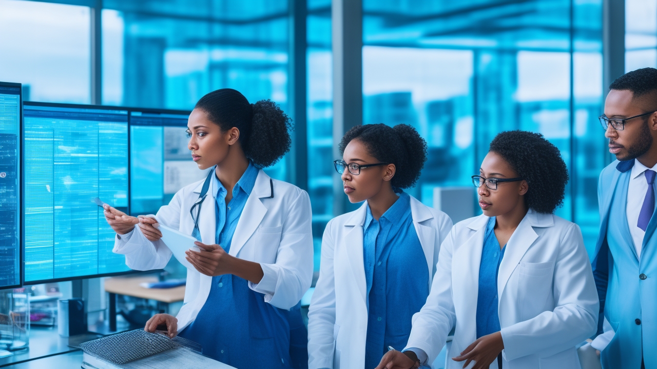 A cinematic editorial photo of a diverse team of public health professionals in a modern analytics command center, studying large wall displays with abstract maps and health data visuals (no readable text, no logos), a clinician in the foreground holding a tablet beside a colleague wearing an unbranded wearable health tracker, cityscape visible through glass to suggest community impact, conveying AI-driven, data-led prevention and precision care in 2025, natural light, soft contrast, shallow depth of field, wide 1200x628 composition.